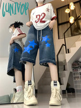 Lunivop Women’s Wide Leg Star Patch Shorts Summer Street Casual A-Line Quarter Jeans Neutral Half